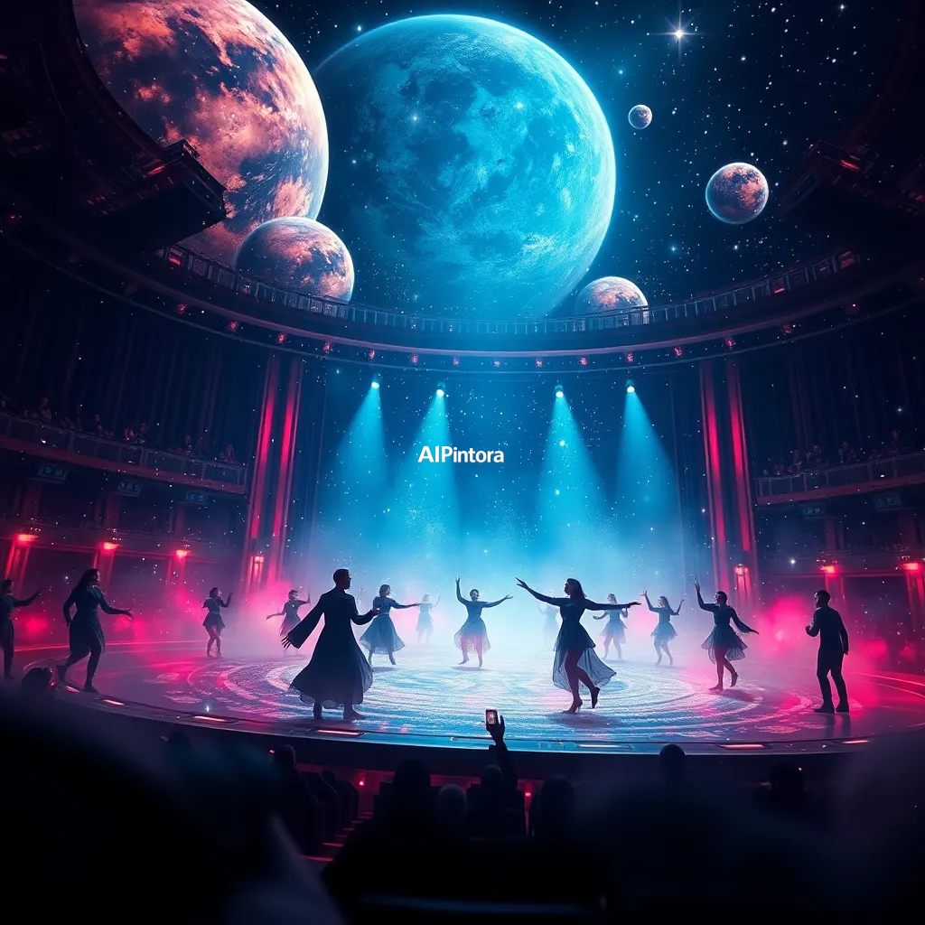 cinematic ultra detailed wallpaper of a futuristic theater where holographic performers dance among planets and stars, cinematic sci fi concept art,
    immersive environment, epic wide composition, strong depth, atmospheric perspective,
    dramatic cinematic lighting, volumetric fog, particles, realistic shadows,
    vibrant professional color grading, beautiful background scene,
    desktop and mobile wallpaper quality, wallpaper engine style,
    no text, no watermark, no logo, masterpiece, best quality, ultra detailed, sharp focus, cinematic lighting, volumetric lighting, depth of field, global illumination, professional color grading, hyper detailed textures, clean composition, premium visual quality, award winning artwork, 8k