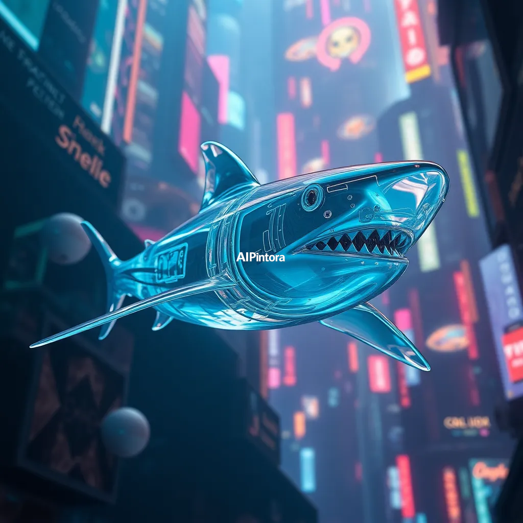 masterpiece surreal concept artwork of a transparent shark made from liquid glass swimming through a neon underwater metropolis, futuristic marine concept,
    eye catching visual idea, creative object fusion, impossible design concept,
    cinematic storytelling, strong focal subject, beautiful environment,
    dramatic lighting, rich atmosphere, premium digital painting,
    viral social media artwork, highly clickable composition, masterpiece, best quality, ultra detailed, sharp focus, cinematic lighting, volumetric lighting, depth of field, global illumination, professional color grading, hyper detailed textures, clean composition, premium visual quality, award winning artwork, 8k