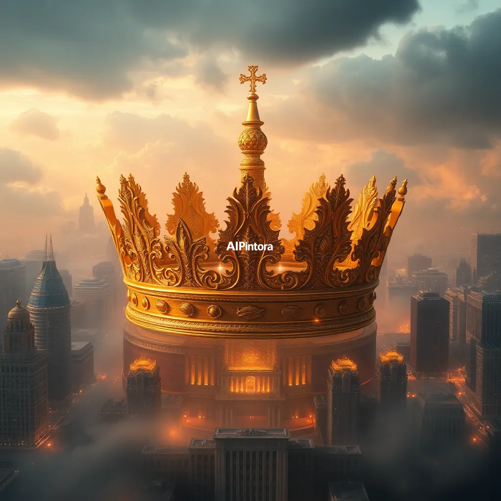 cinematic ultra detailed wallpaper of a giant golden crown transformed into an entire city, luxury architecture, cinematic concept art,
    immersive environment, epic wide composition, strong depth, atmospheric perspective,
    dramatic cinematic lighting, volumetric fog, particles, realistic shadows,
    vibrant professional color grading, beautiful background scene,
    desktop and mobile wallpaper quality, wallpaper engine style,
    no text, no watermark, no logo, masterpiece, best quality, ultra detailed, sharp focus, cinematic lighting, volumetric lighting, depth of field, global illumination, professional color grading, hyper detailed textures, clean composition, premium visual quality, award winning artwork, 8k