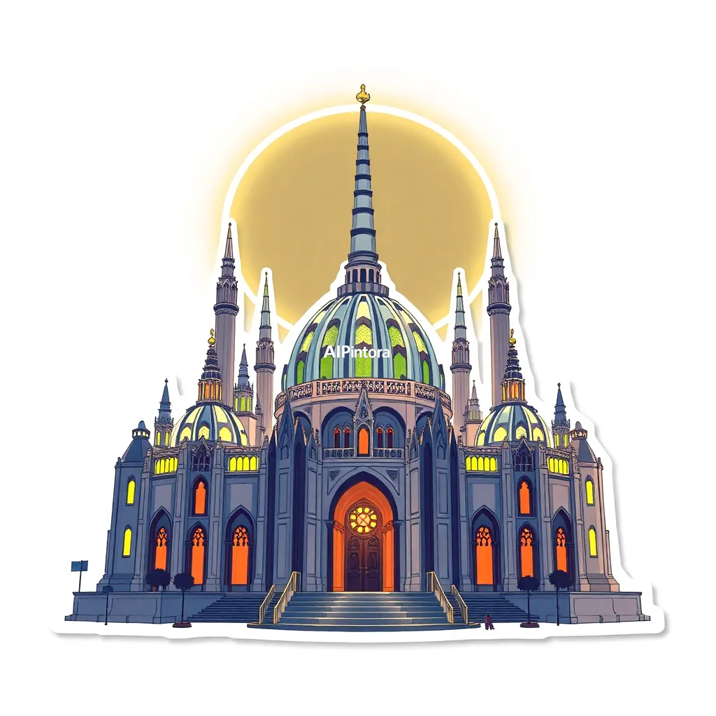 premium die-cut vinyl sticker illustration of a luxury solar cathedral concept #50, ultra detailed cinematic composition, unique visual storytelling, premium concept art, dramatic lighting, masterpiece quality,
    centered isolated artwork, thick bold white outline, glossy sticker finish,
    clean vector cartoon style, cute collectible design, etsy bestseller sticker style,
    vibrant colors, simple readable silhouette, smooth shapes,
    printable sticker pack quality, plain clean background,
    no mockup, no product photo, no background scene, no complex environment, masterpiece, best quality, ultra detailed, sharp focus, cinematic lighting, volumetric lighting, depth of field, global illumination, professional color grading, hyper detailed textures, clean composition, premium visual quality, award winning artwork, 8k