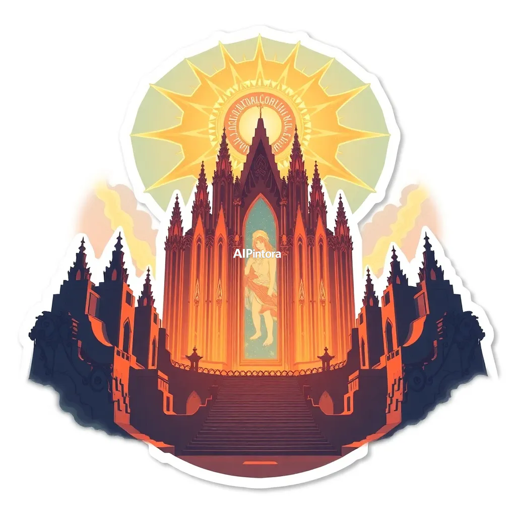 premium die-cut vinyl sticker illustration of a dreamlike solar cathedral concept #175, ultra detailed cinematic composition, unique visual storytelling, premium concept art, dramatic lighting, masterpiece quality,
    centered isolated artwork, thick bold white outline, glossy sticker finish,
    clean vector cartoon style, cute collectible design, etsy bestseller sticker style,
    vibrant colors, simple readable silhouette, smooth shapes,
    printable sticker pack quality, plain clean background,
    no mockup, no product photo, no background scene, no complex environment, masterpiece, best quality, ultra detailed, sharp focus, cinematic lighting, volumetric lighting, depth of field, global illumination, professional color grading, hyper detailed textures, clean composition, premium visual quality, award winning artwork, 8k